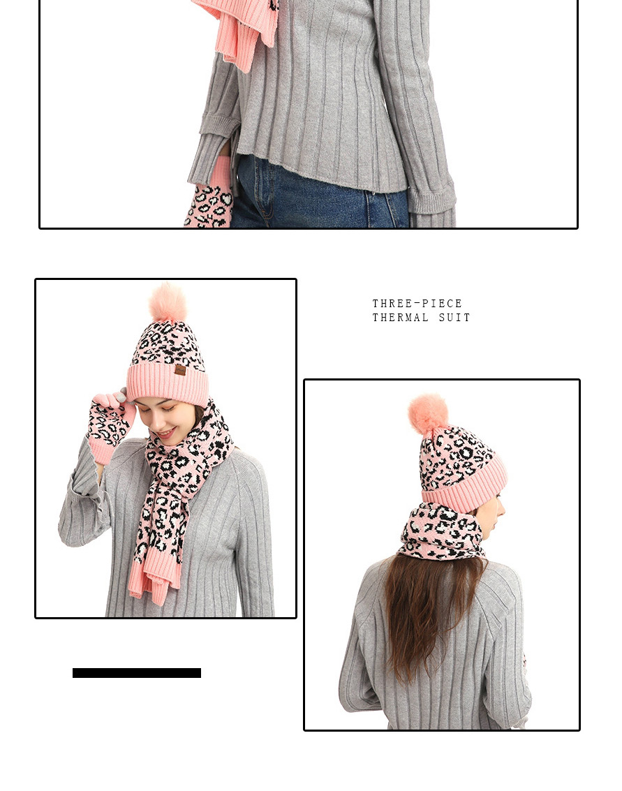 Fashion Pink Leopard Print Knitted Hat Scarf Gloves Three-piece Set,knitting Wool Scaves