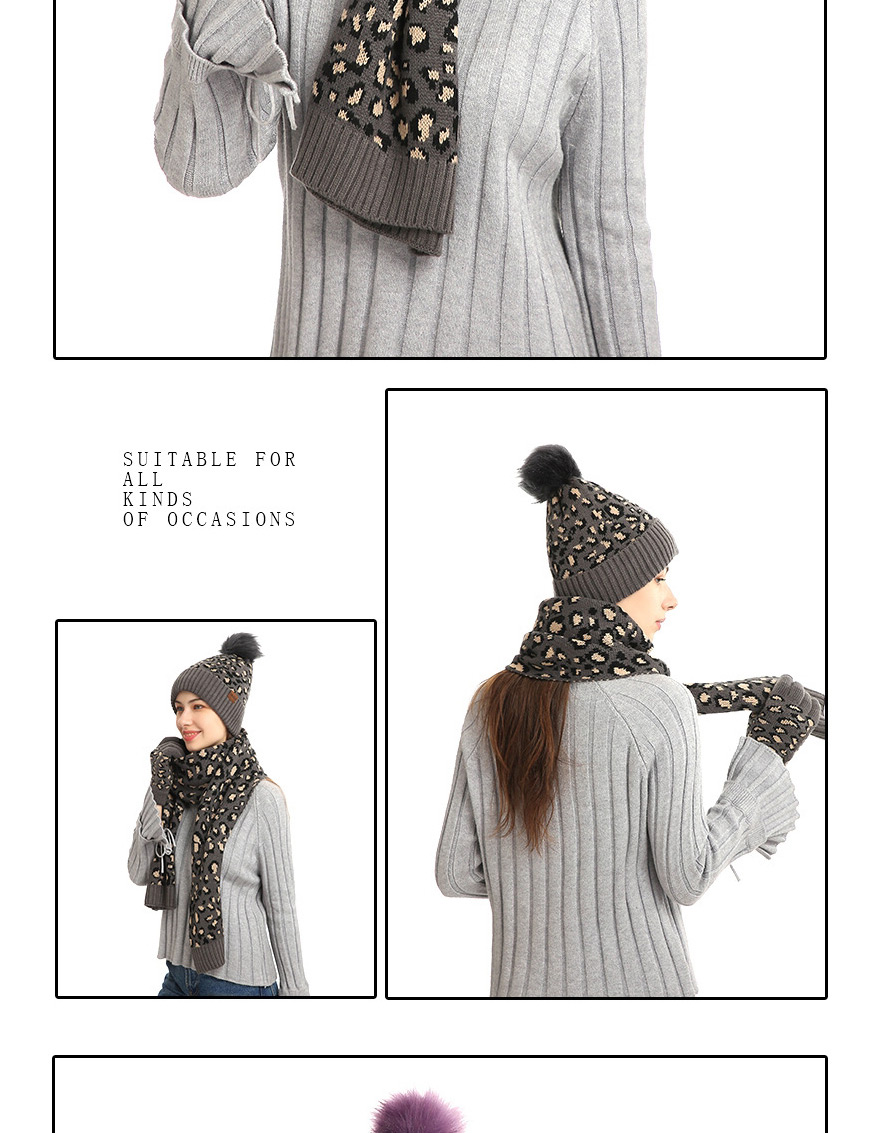 Fashion Dark Gray Leopard Print Knitted Hat Scarf Gloves Three-piece Set,knitting Wool Scaves