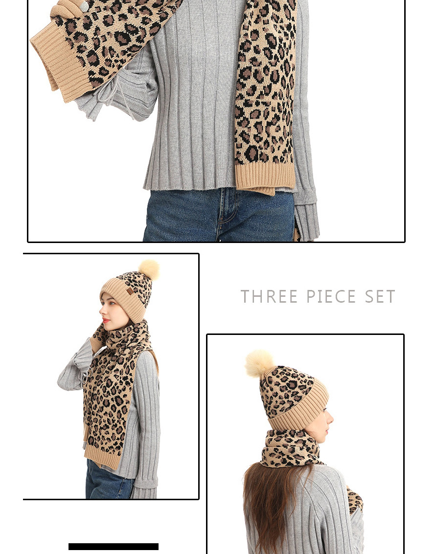 Fashion Khaki Leopard Print Knitted Hat Scarf Gloves Three-piece Set,knitting Wool Scaves