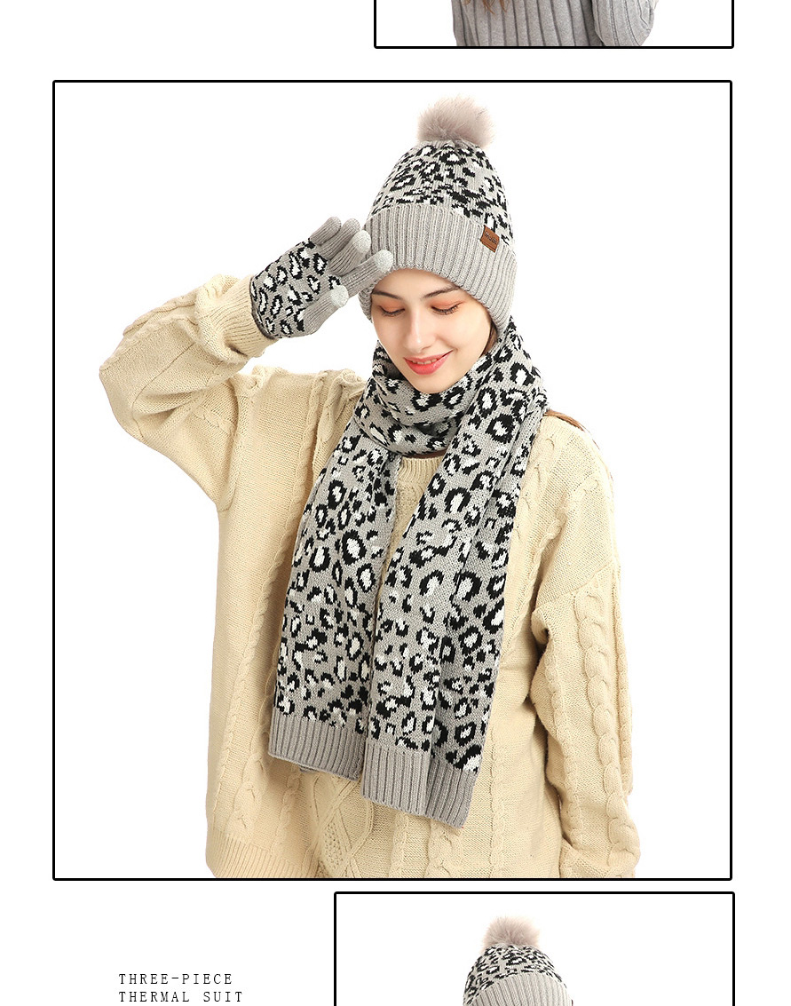 Fashion Dark Gray Leopard Print Knitted Hat Scarf Gloves Three-piece Set,knitting Wool Scaves
