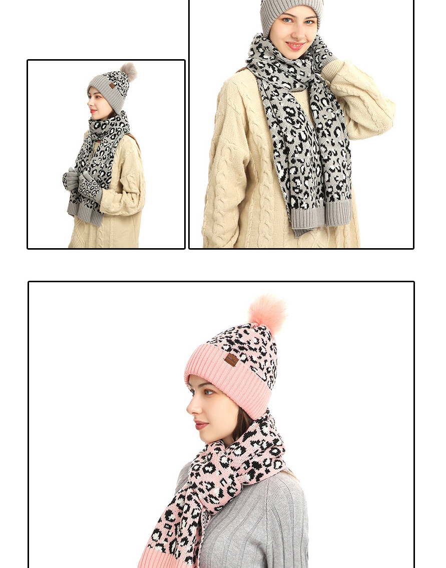 Fashion Beige Leopard Print Knitted Hat Scarf Gloves Three-piece Set,knitting Wool Scaves