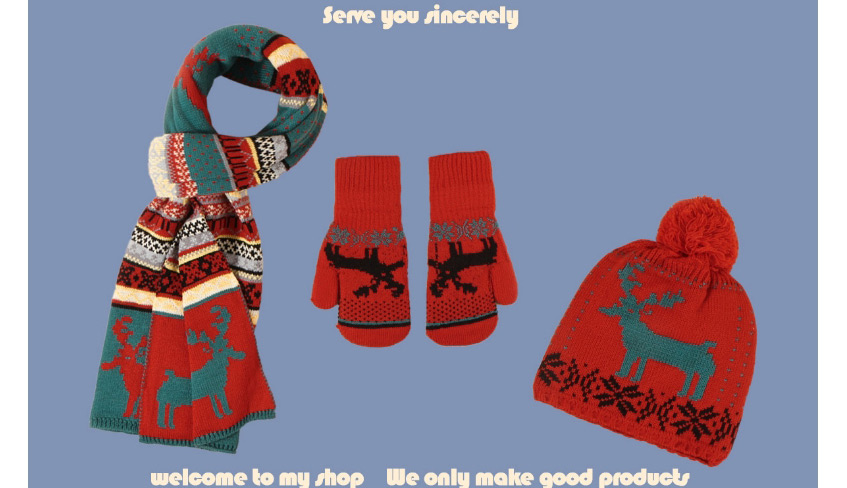 Fashion Red Christmas Fawn Jacquard Hat Scarf Gloves,Thin Scaves