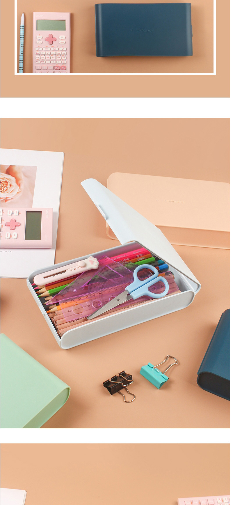 Fashion Navy Blue Solid Color Plastic Large Capacity Pencil Case Storage Box,Pencil Case/Paper Bags