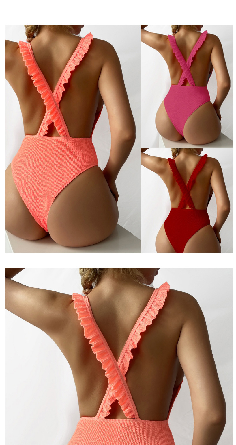 Fashion Rose Red Solid Color Knitted V-neck One-piece Swimsuit,One Pieces