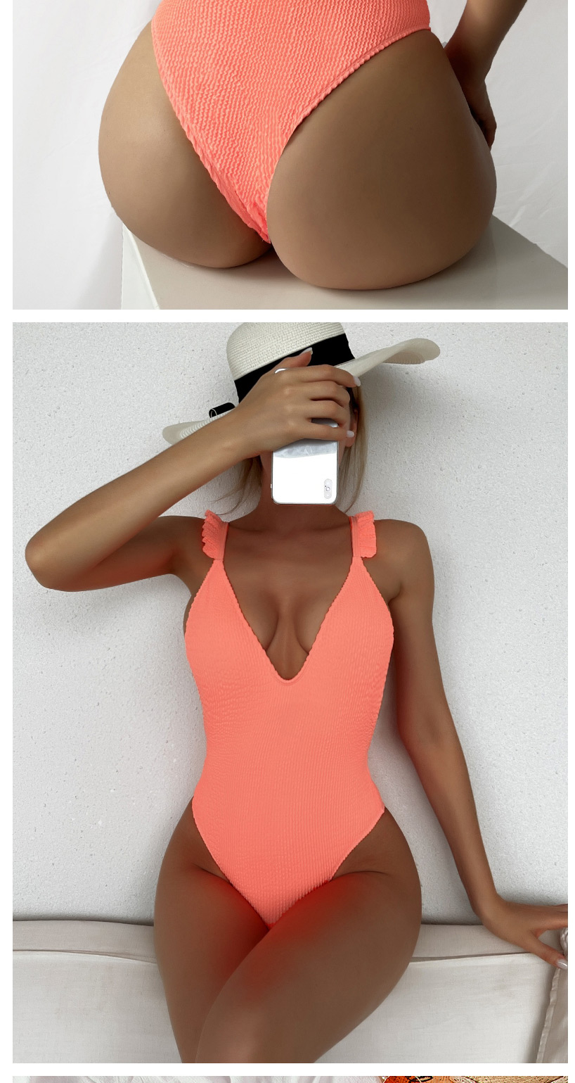Fashion Orange Solid Color Knitted V-neck One-piece Swimsuit,One Pieces