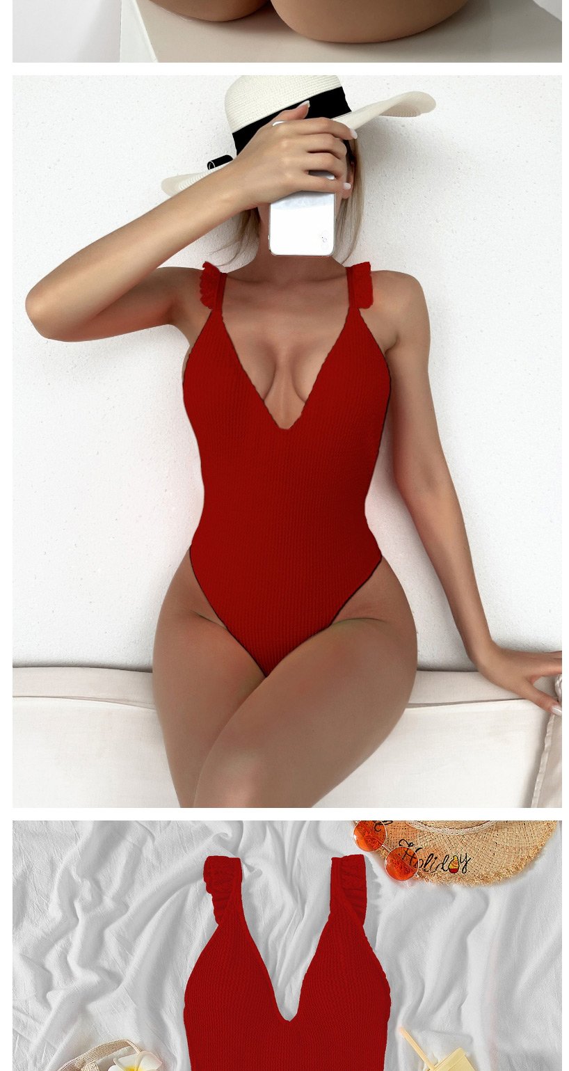Fashion Red Solid Color Knitted V-neck One-piece Swimsuit,One Pieces