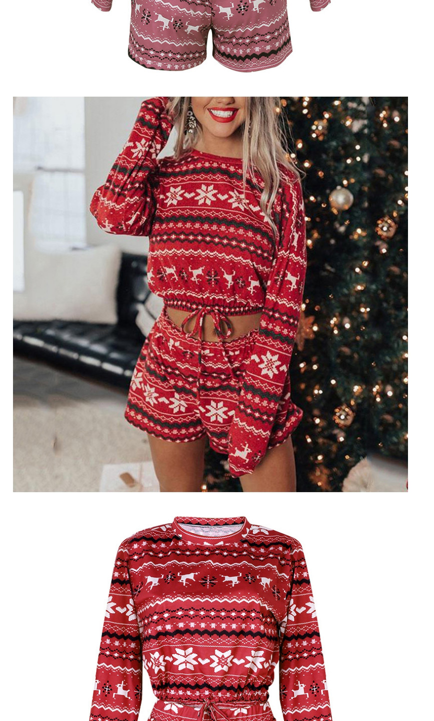 Fashion Khaki Christmas Print Long Sleeve Top And Shorts Set,CURVE SLEEP & LOUNGE