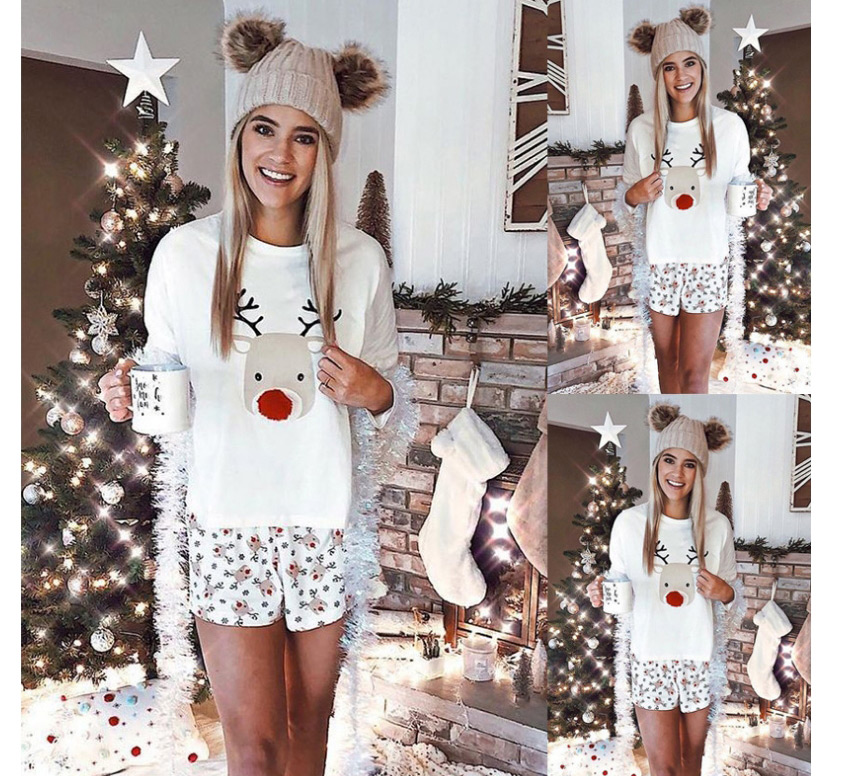 Fashion White Reindeer Print Long Sleeve Christmas Set,Festival & Party Supplies