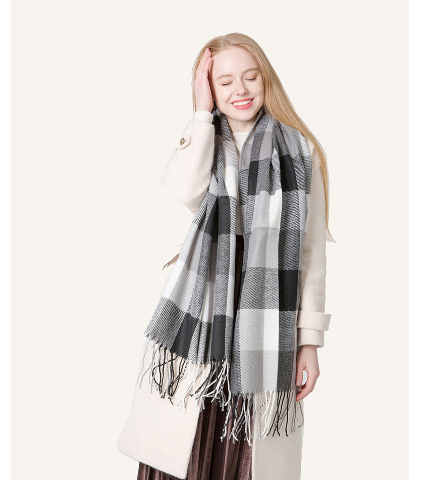 Fashion Black And White Grid Faux Cashmere Fringed Plaid Scarf,Thin Scaves