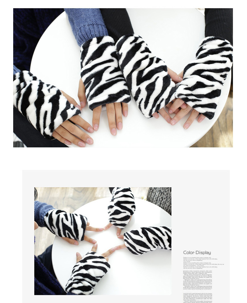 Fashion Black And White Zebra Pattern Thickened Flannel Printed Half-finger Gloves,Fingerless Gloves
