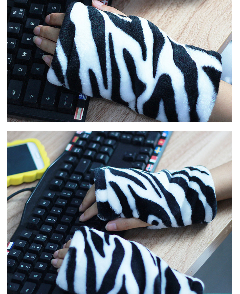 Fashion Black And White Zebra Pattern Thickened Flannel Printed Half-finger Gloves,Fingerless Gloves
