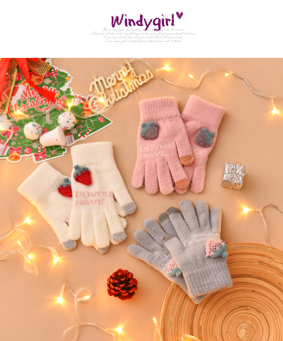 Fashion White Fabric Plush Strawberry Letter Touch Screen Gloves,Full Finger Gloves
