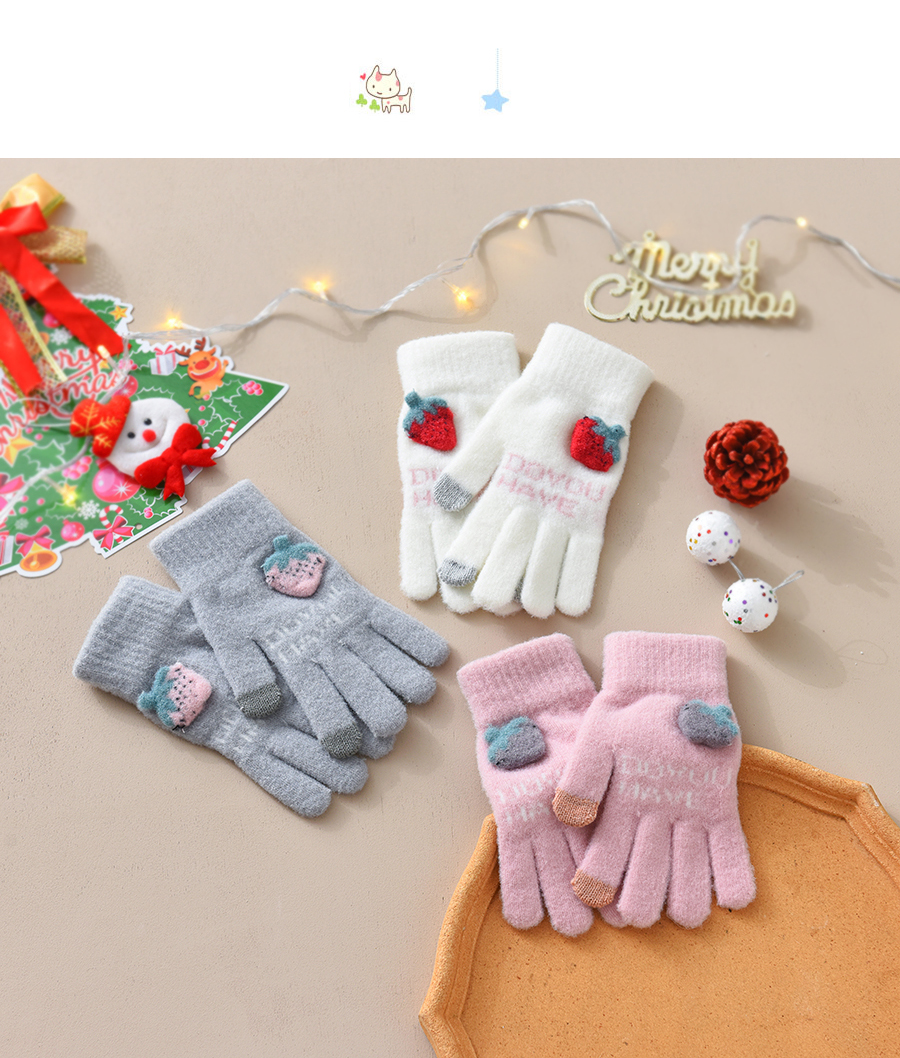 Fashion Pink Fabric Plush Strawberry Letter Touch Screen Gloves,Full Finger Gloves