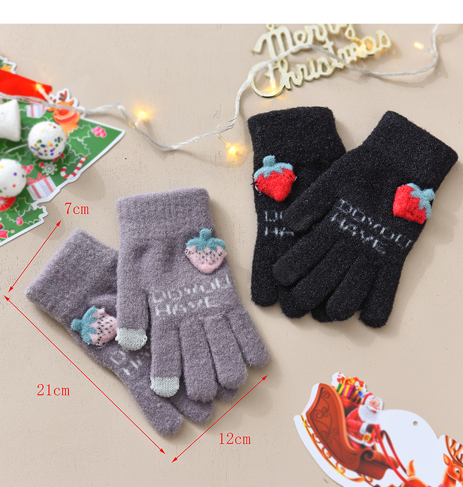 Fashion Grey Fabric Plush Strawberry Letter Touch Screen Gloves,Full Finger Gloves