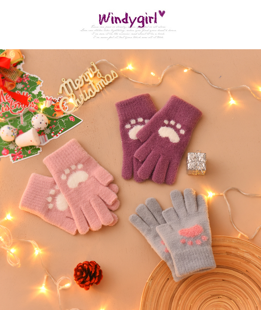 Fashion Grey Fabric Plush Cat Claw Fingerless Touch Screen Gloves,Full Finger Gloves