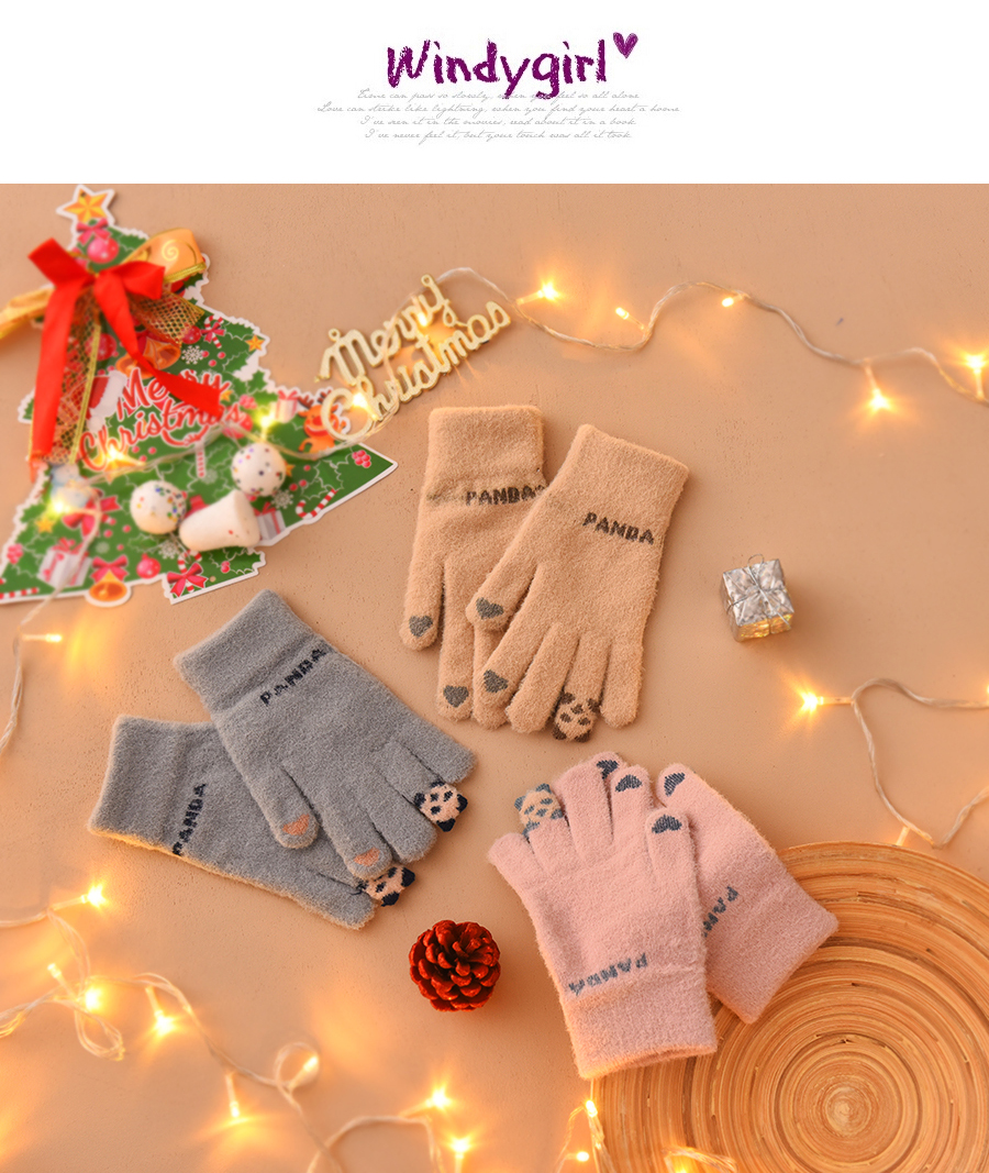 Fashion Grey Fabric Plush Letter Love Touch Screen Gloves,Full Finger Gloves
