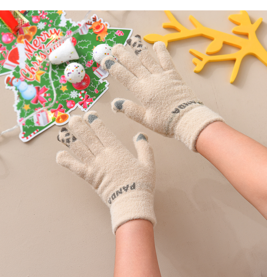 Fashion Khaki Fabric Plush Letter Love Touch Screen Gloves,Full Finger Gloves