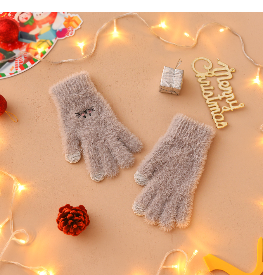 Fashion Khaki Fabric Plush Cat Touch Screen Gloves,Full Finger Gloves