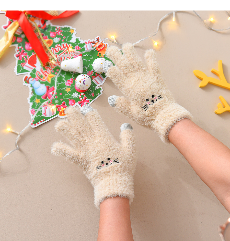 Fashion Khaki Fabric Plush Cat Touch Screen Gloves,Full Finger Gloves