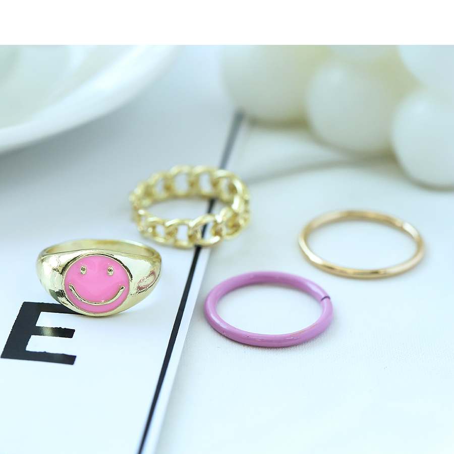 Fashion Pink Alloy Drip Oil Smiley Face Ring Set,Jewelry Sets