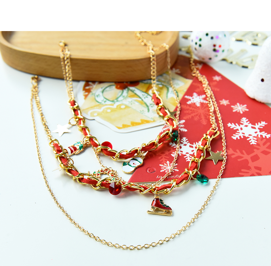 Fashion Snowman Alloy Chain Fabric Woven Tassel Double Layer Necklace,Multi Strand Necklaces