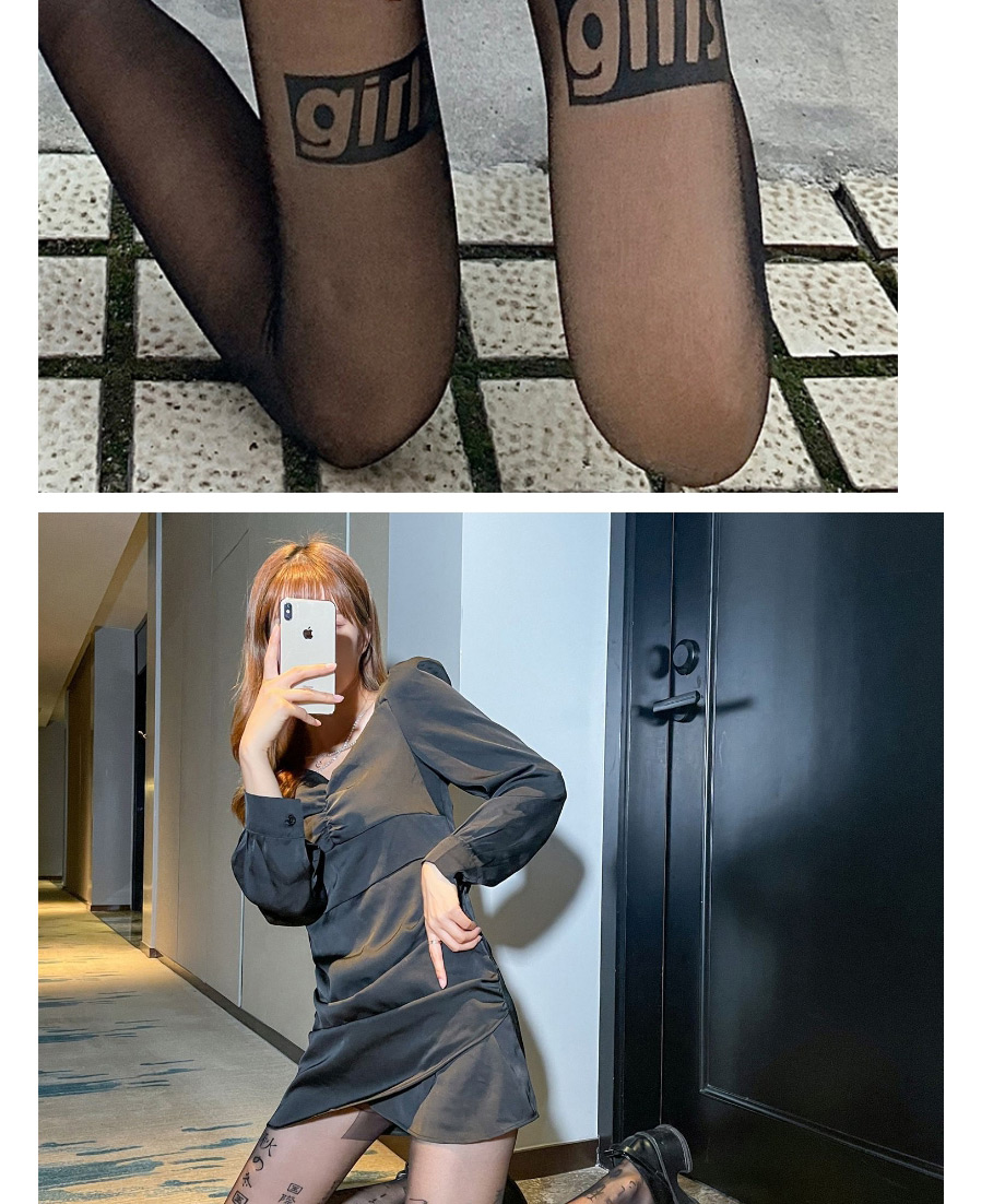 Fashion Girl-printed Black Silk (regular) Letter Printing Flocking Hot Rhinestone Geometric Black Stockings,Fashion Stockings