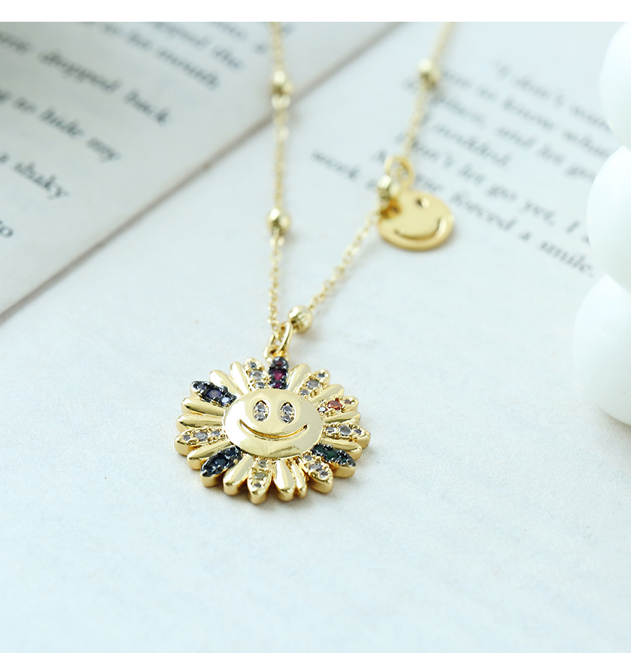 Fashion Gold Color Copper Inlaid Zirconium Sunflower Smiley Face Necklace,Necklaces