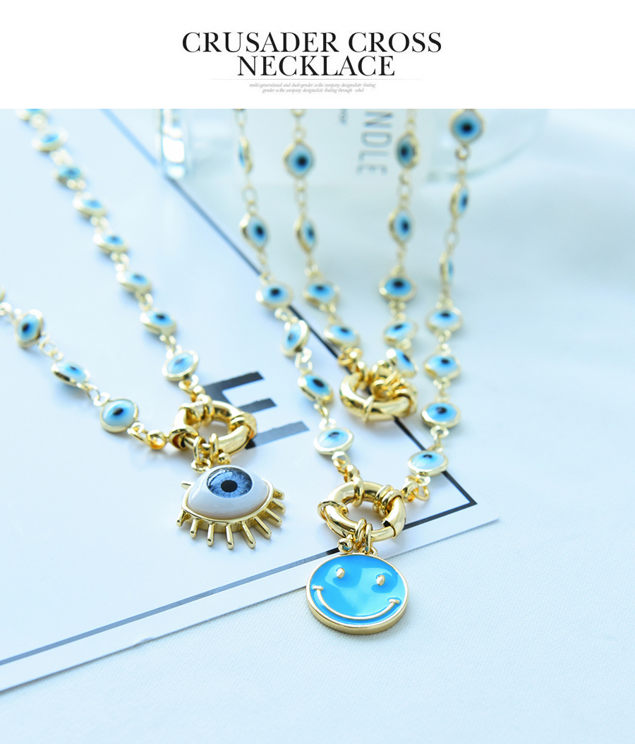Fashion Blue Copper Drop Oil Round Buckle Smiley Face Necklace,Necklaces