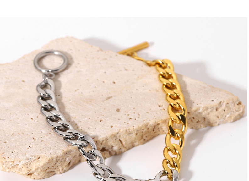 Fashion Gold Color Stainless Steel Gold-plated Semi-steel Color Cuban Chain Stitching Heart-shaped Bracelet,Bracelets