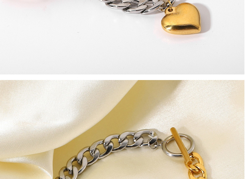 Fashion Gold Color Stainless Steel Gold-plated Semi-steel Color Cuban Chain Stitching Heart-shaped Bracelet,Bracelets
