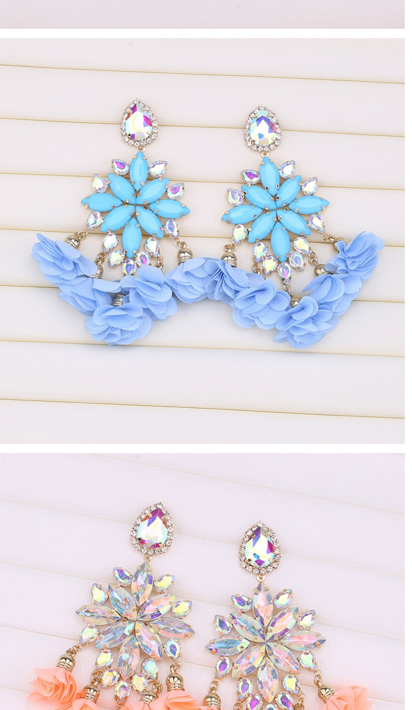 Fashion Solid Blue Flower Tassel Fancy Diamond Geometric Earrings,Drop Earrings