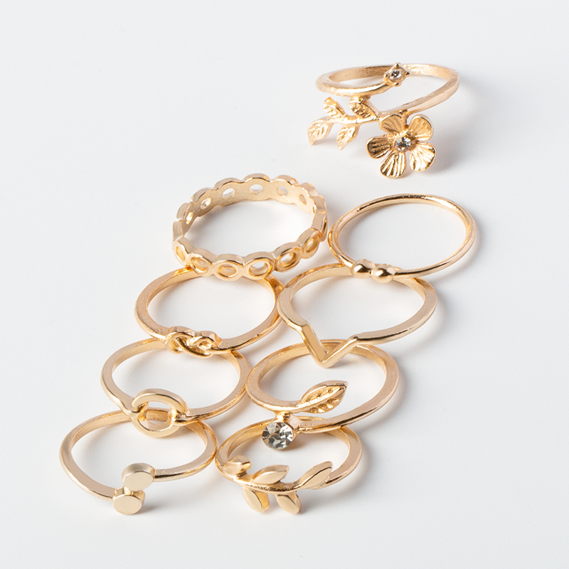 Fashion Gold Alloy Diamond Leaf Flower Ring Set 9,Jewelry Sets