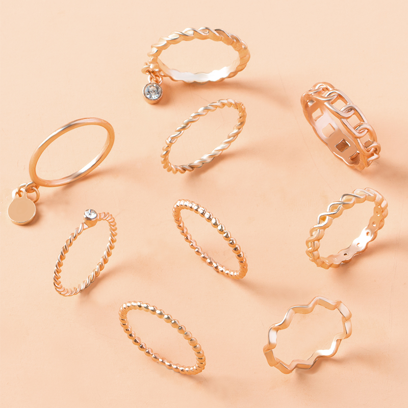 Fashion Gold Alloy Diamond Disc Threaded Ring Set 9 Pcs,Jewelry Sets