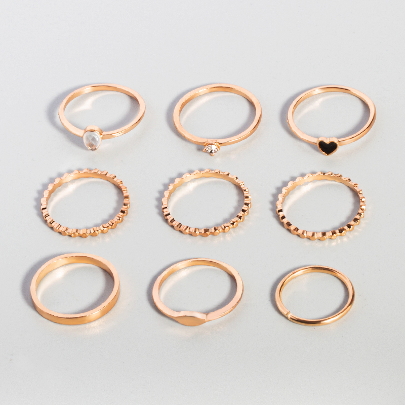 Fashion Gold Alloy Peach Heart Geometric Ring Set 9 Pcs,Jewelry Sets