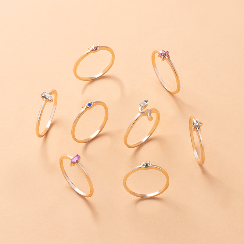 Fashion Gold Alloy Crystal Color Diamond Snake Eye Pentagram Ring Set Of 8,Jewelry Sets