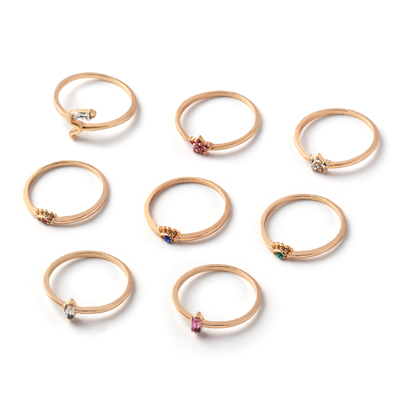 Fashion Gold Alloy Crystal Color Diamond Snake Eye Pentagram Ring Set Of 8,Jewelry Sets