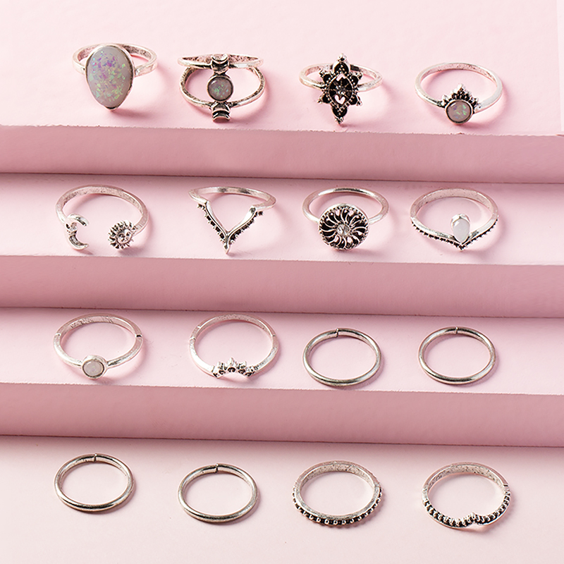 Fashion Silver Alloy Sun Moon Geometric Ring Set 15 Pcs,Jewelry Sets