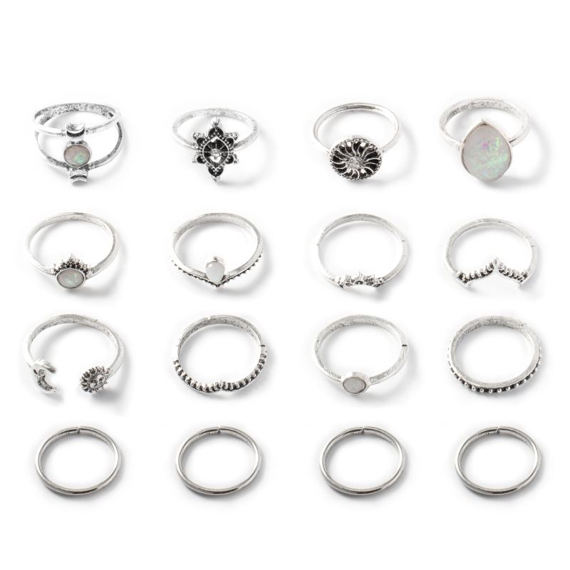 Fashion Silver Alloy Sun Moon Geometric Ring Set 15 Pcs,Jewelry Sets