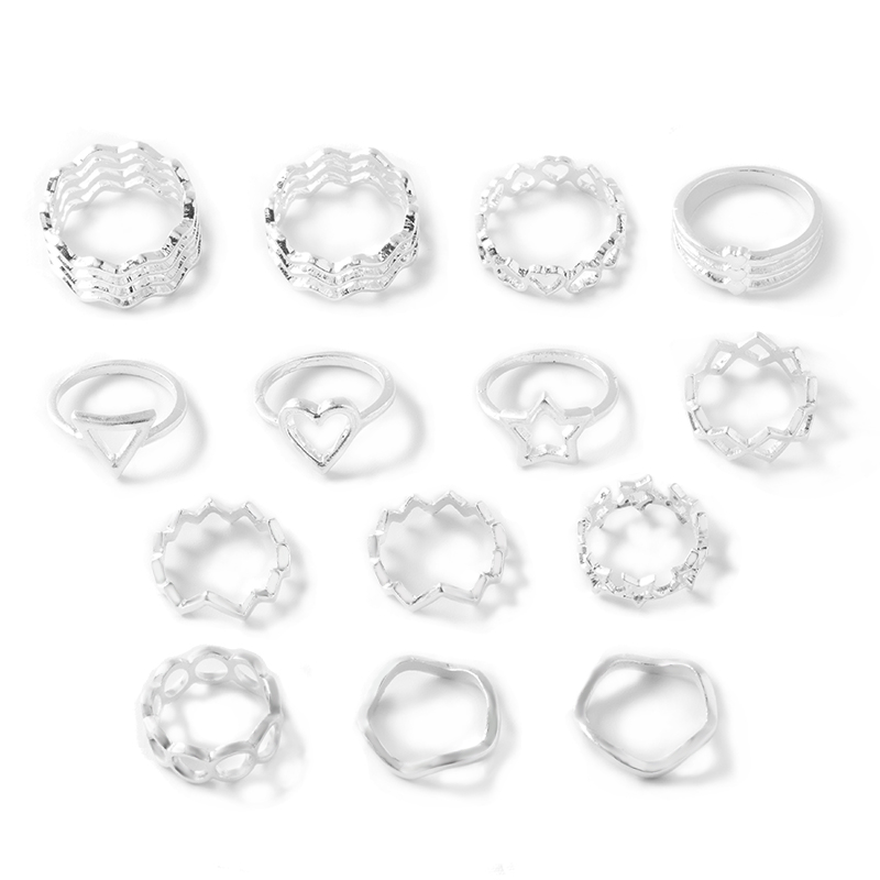 Fashion Silver Alloy Peach Heart Five-pointed Star Multi-layer Geometric Ring Set Of 14,Jewelry Sets