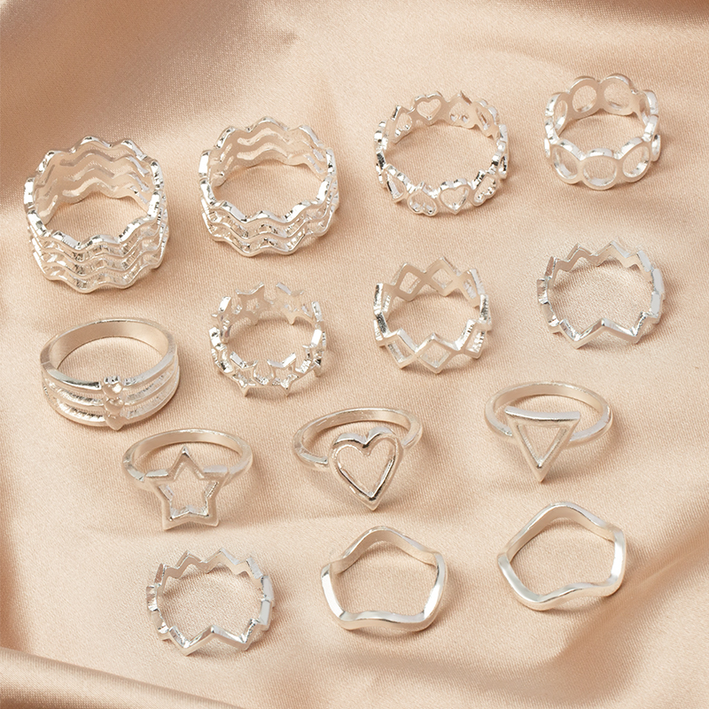 Fashion Silver Alloy Peach Heart Five-pointed Star Multi-layer Geometric Ring Set Of 14,Jewelry Sets