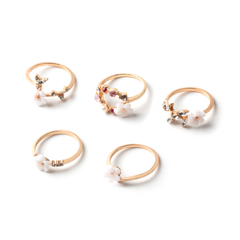 Fashion Gold Alloy Crystal Flower Ring Set Of 5,Jewelry Sets