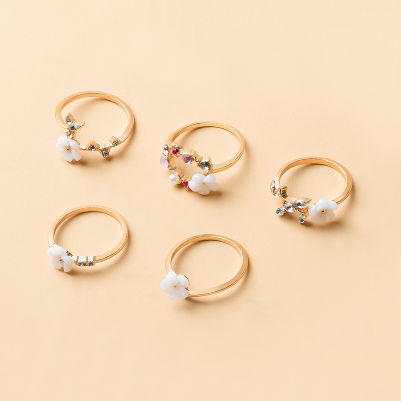 Fashion Gold Alloy Crystal Flower Ring Set Of 5,Jewelry Sets
