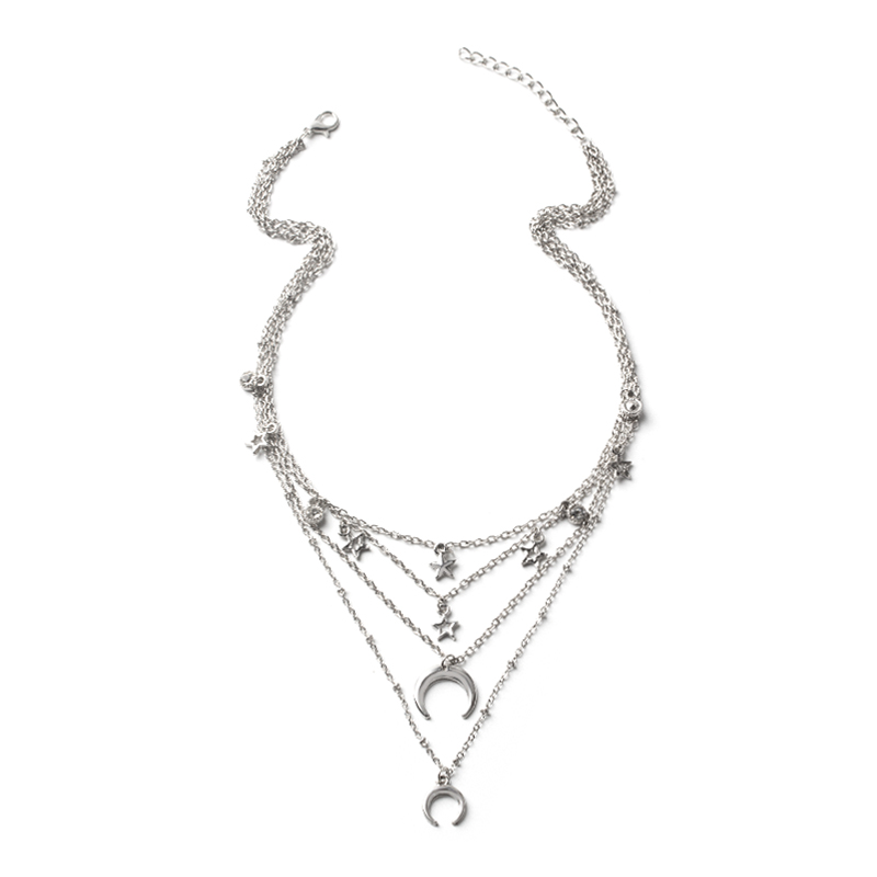 Fashion Silver Alloy Moon Star Multilayer Necklace,Multi Strand Necklaces