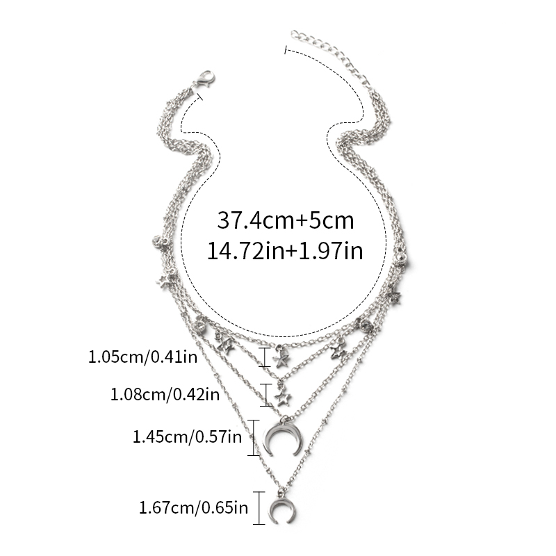 Fashion Silver Alloy Moon Star Multilayer Necklace,Multi Strand Necklaces