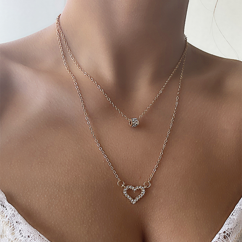 Fashion Gold Alloy Diamond Love Heart Double Necklace,Multi Strand Necklaces