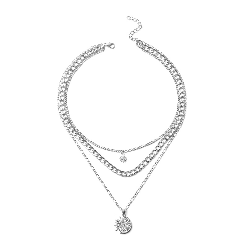 Fashion Silver Alloy Gold-plated Star And Moon Multilayer Necklace,Multi Strand Necklaces