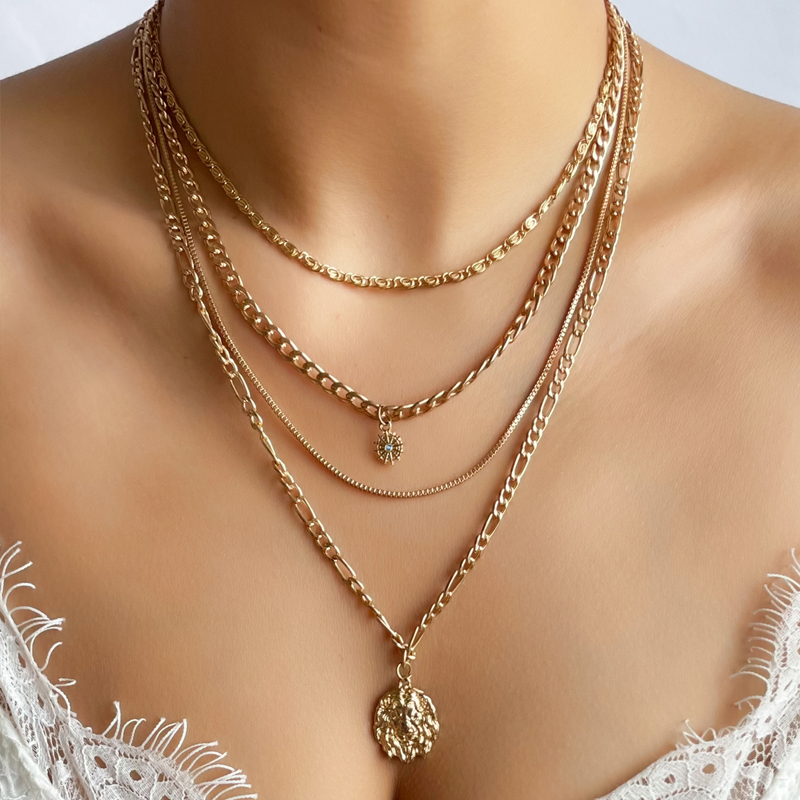Fashion Gold Alloy Chain Embossed Lion Multi-layer Necklace,Multi Strand Necklaces