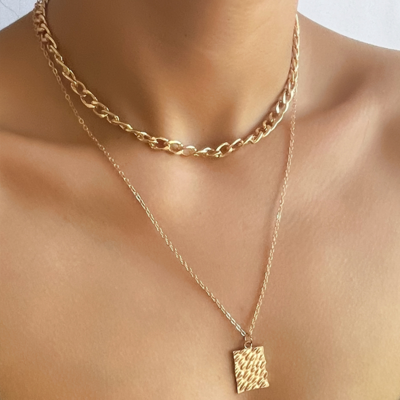 Fashion Gold Square Brand Chain Double Necklace,Multi Strand Necklaces
