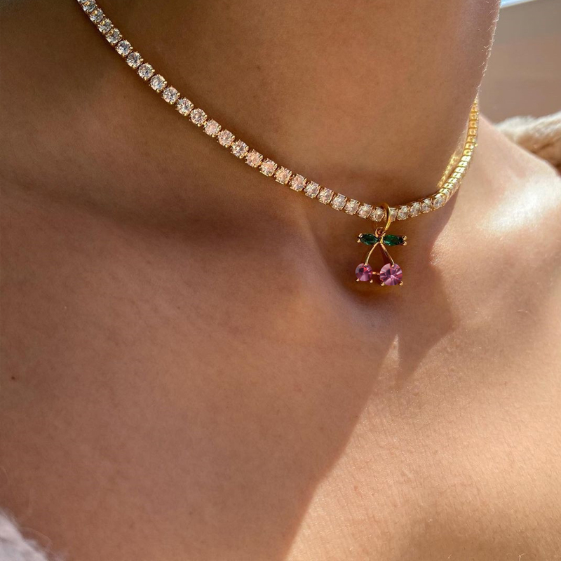 Fashion Gold Rhinestone Claw Chain Cherry Necklace,Pendants