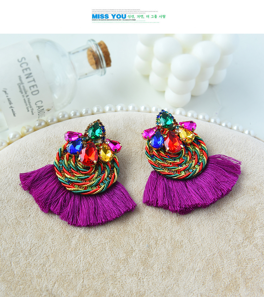 Fashion Purple Alloy Colored Diamond Braided Tassel Earrings,Stud Earrings